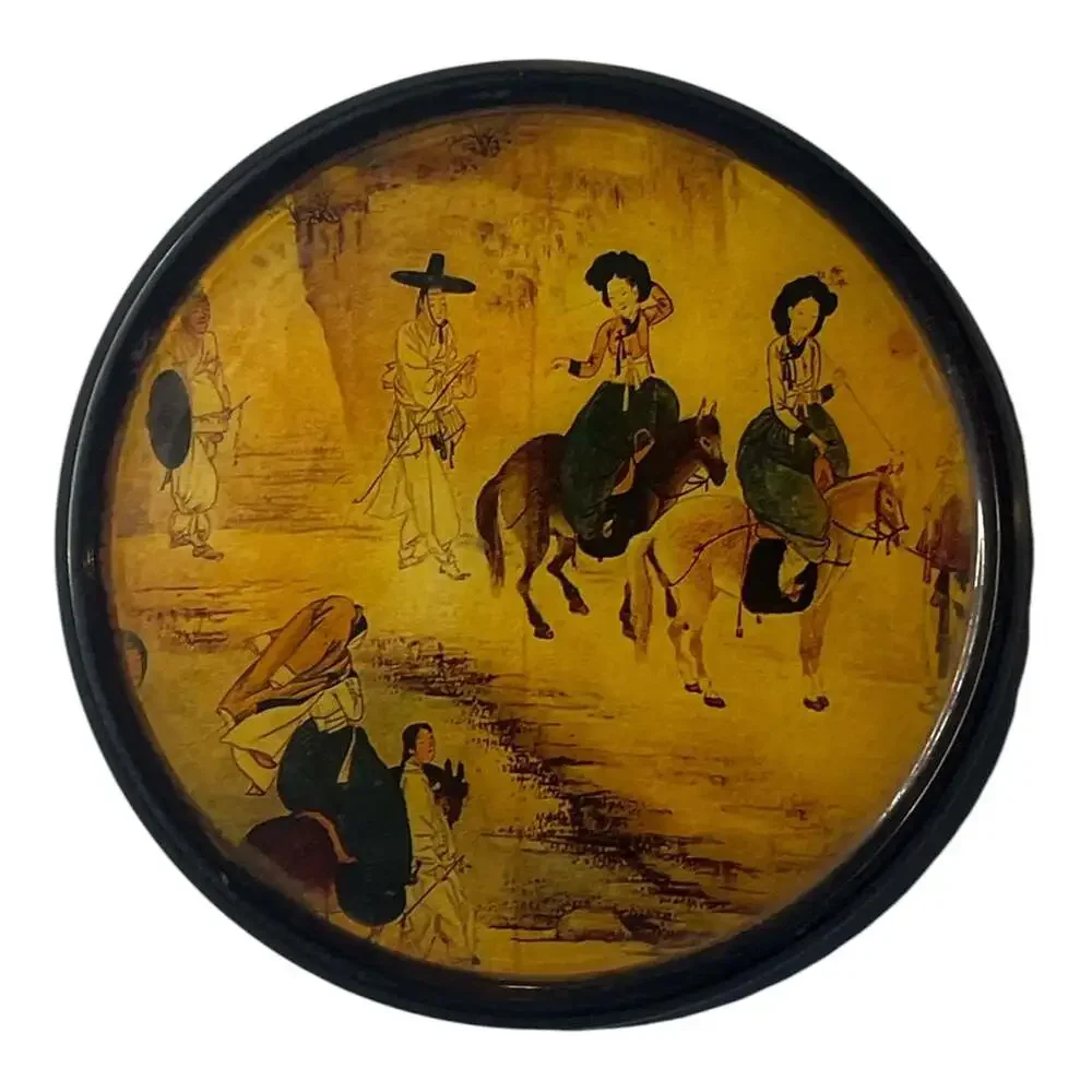 Vtg Collection Set of 4 Round Cork Coasters Shin Yoon-bok Korean Paintings